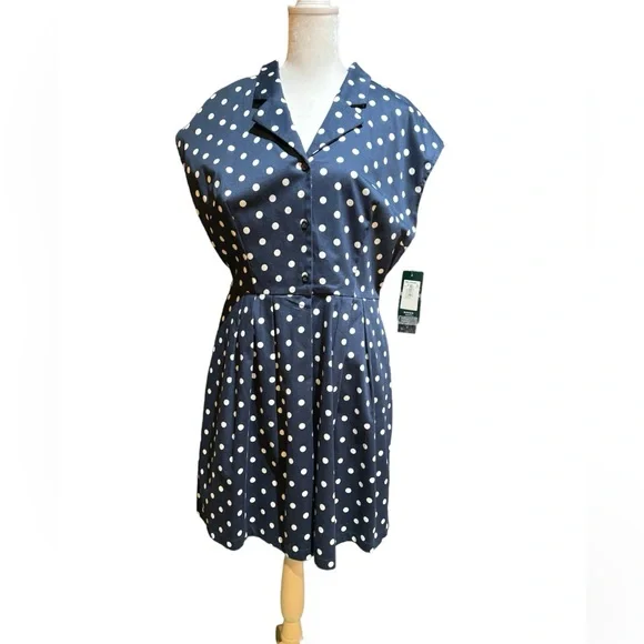 NWT Ralph Lauren Women’s Navy Blue & White Polka Dot Dress Size 16P - Picture 3 of 13